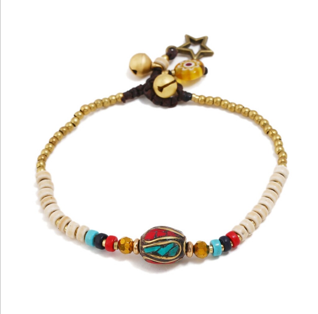 Protect Nepal / Bohemia Turquoise & Copper Bead Bell Wax Rope Hand Bracelet 7″