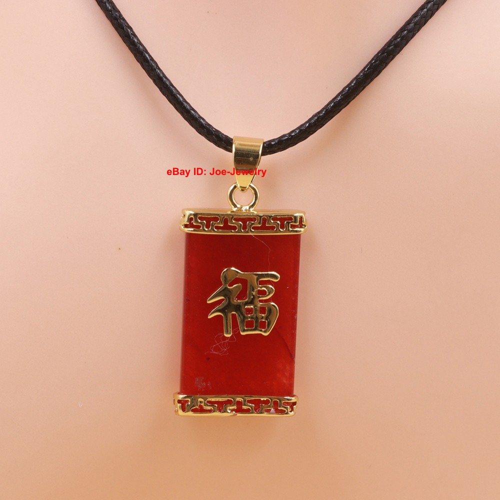 NEW Yellow GP Alloy Pendant with Heated Red Jade & Chinese “福” Lucky Fortune