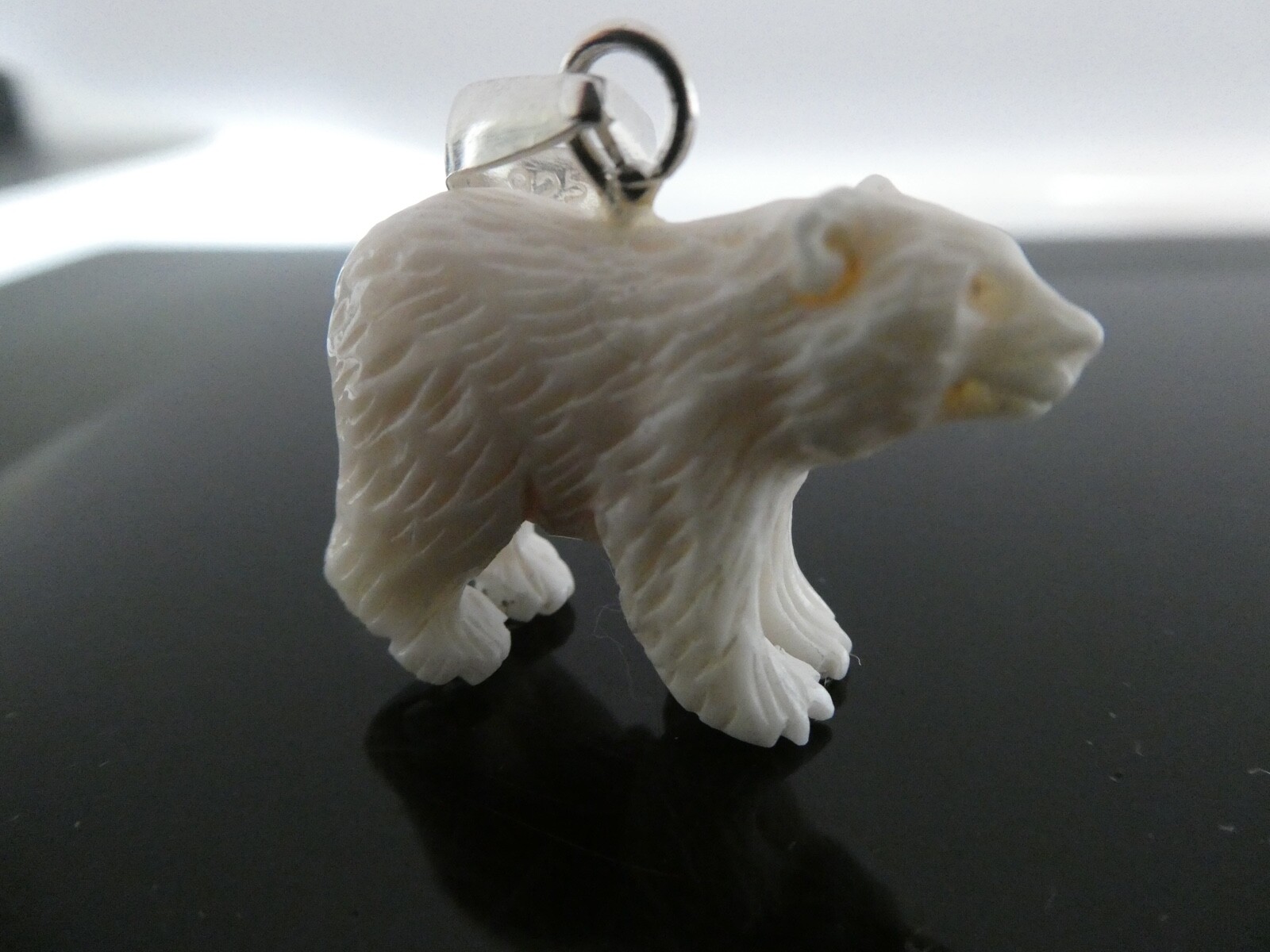 Polar Bear Sterling Silver 925 Carved Bubalus Bubalis Bone Pendant Necklace
