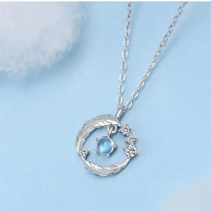 Silver Plated Feather Shape Pendant Necklace Moonstone Round Bead Jewelry