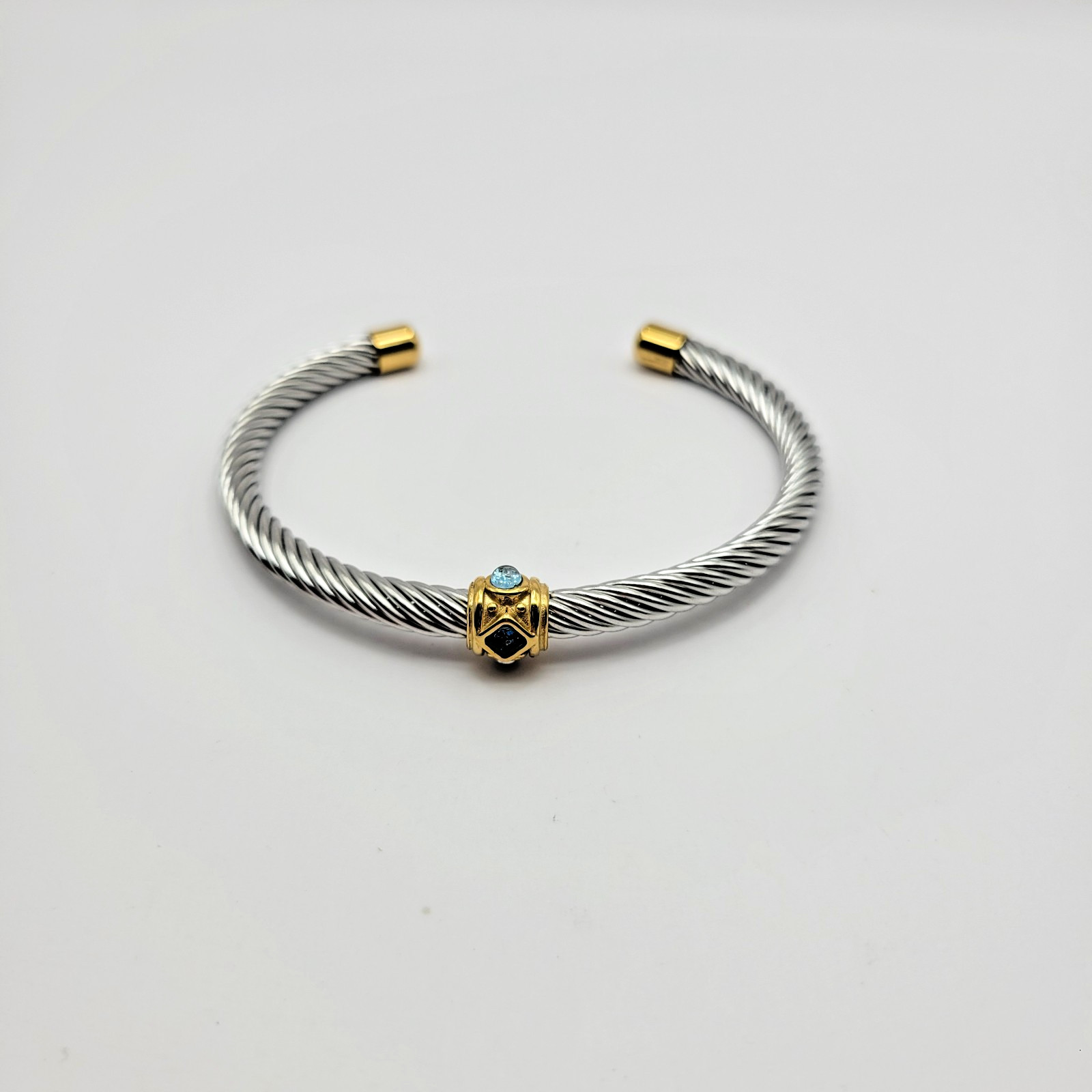 JTV Sophisticated Steel Two Tone 4.5mm Cable Blue Crystal Bracelet ~ 7″