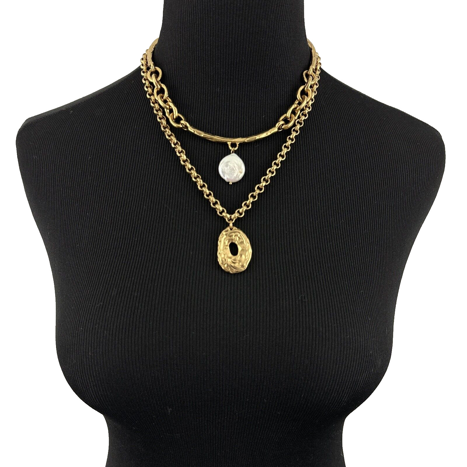 WHBM 3-in-1 necklace – NEW gold & pearl layered convertible brutalist 2 strand