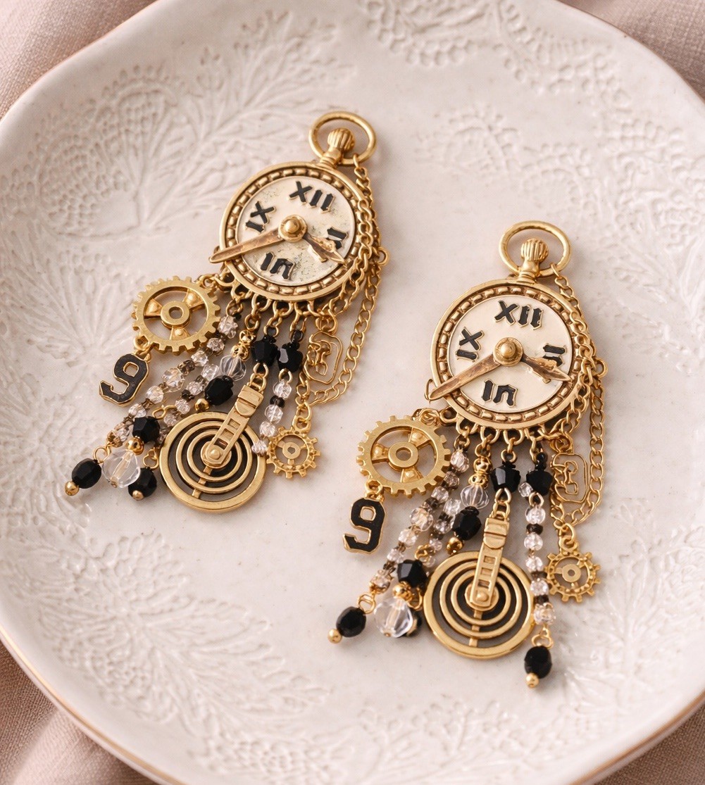 Museum Retro Clock Earrings Gold Chain CZ Steampunk Statement Art Boho Gear VTG