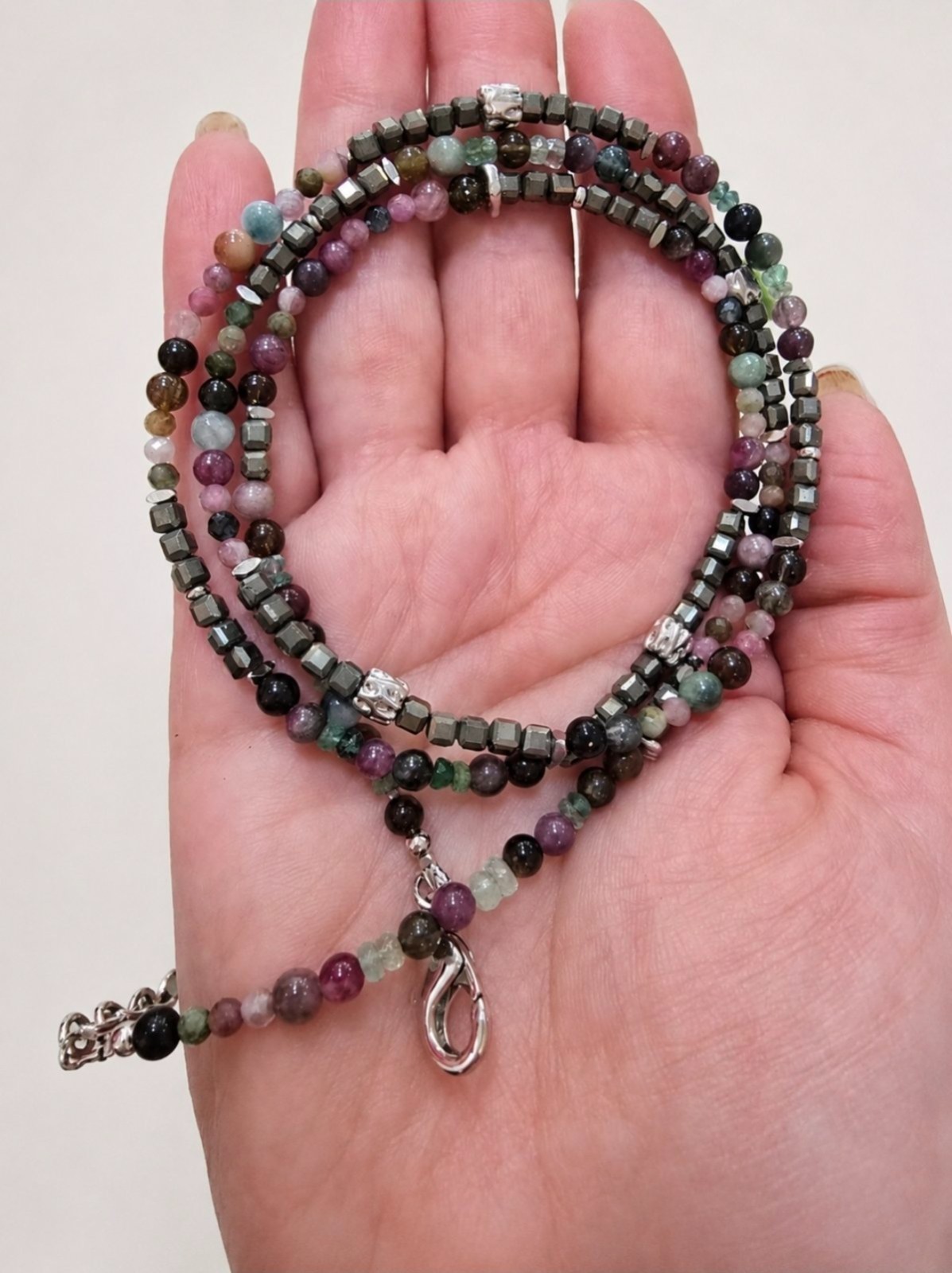 Natural Turmaline Pyrit Emerald Wrap Braselet Rhodium Plated Handmade