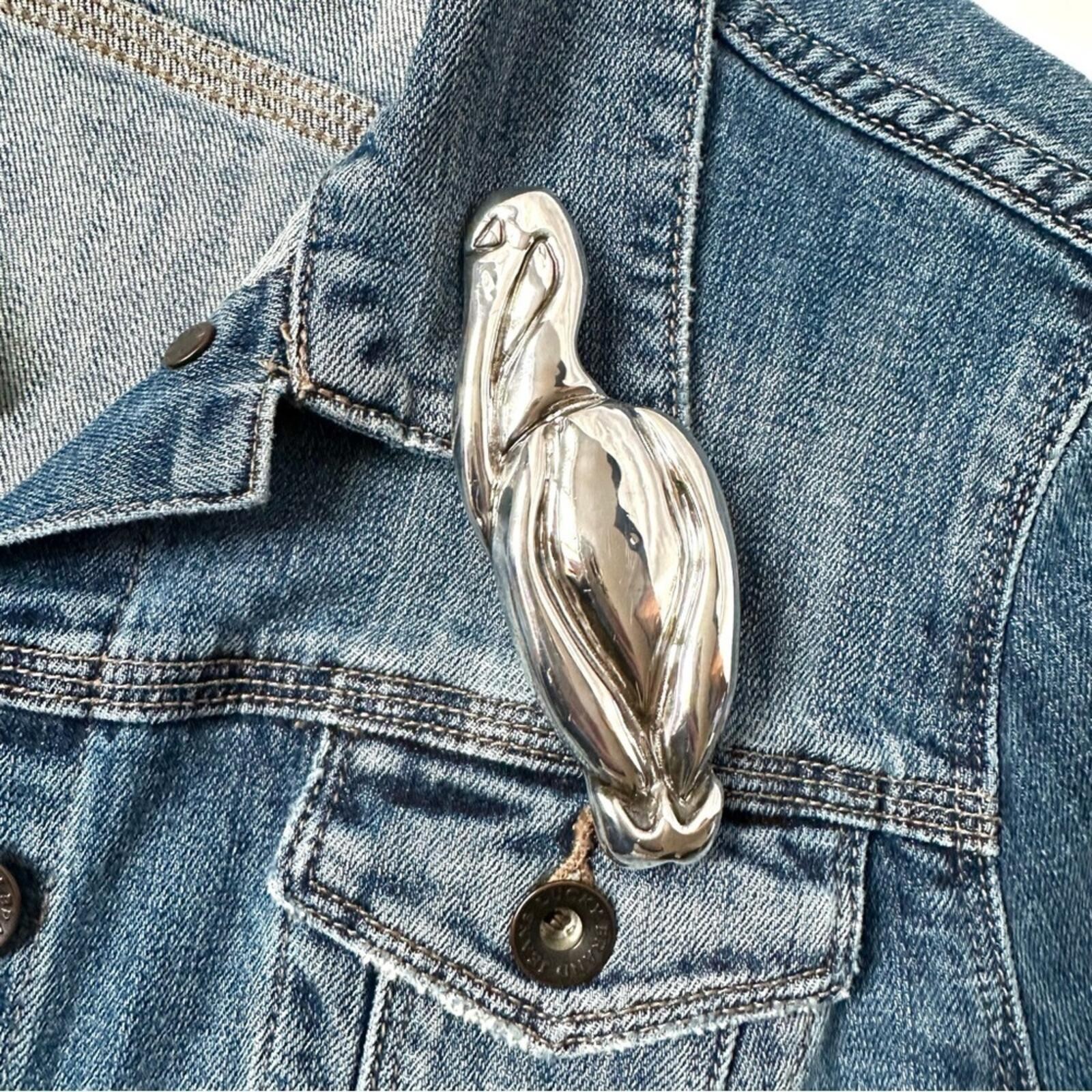 Vintage 80s Sterling Silver 925 Pelican Stork Brooch Electroformed – 4.25 inch
