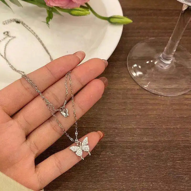 New Shiny Silver Colour Butterfly Necklace Ladies Exquisite Double Layer Clavicl