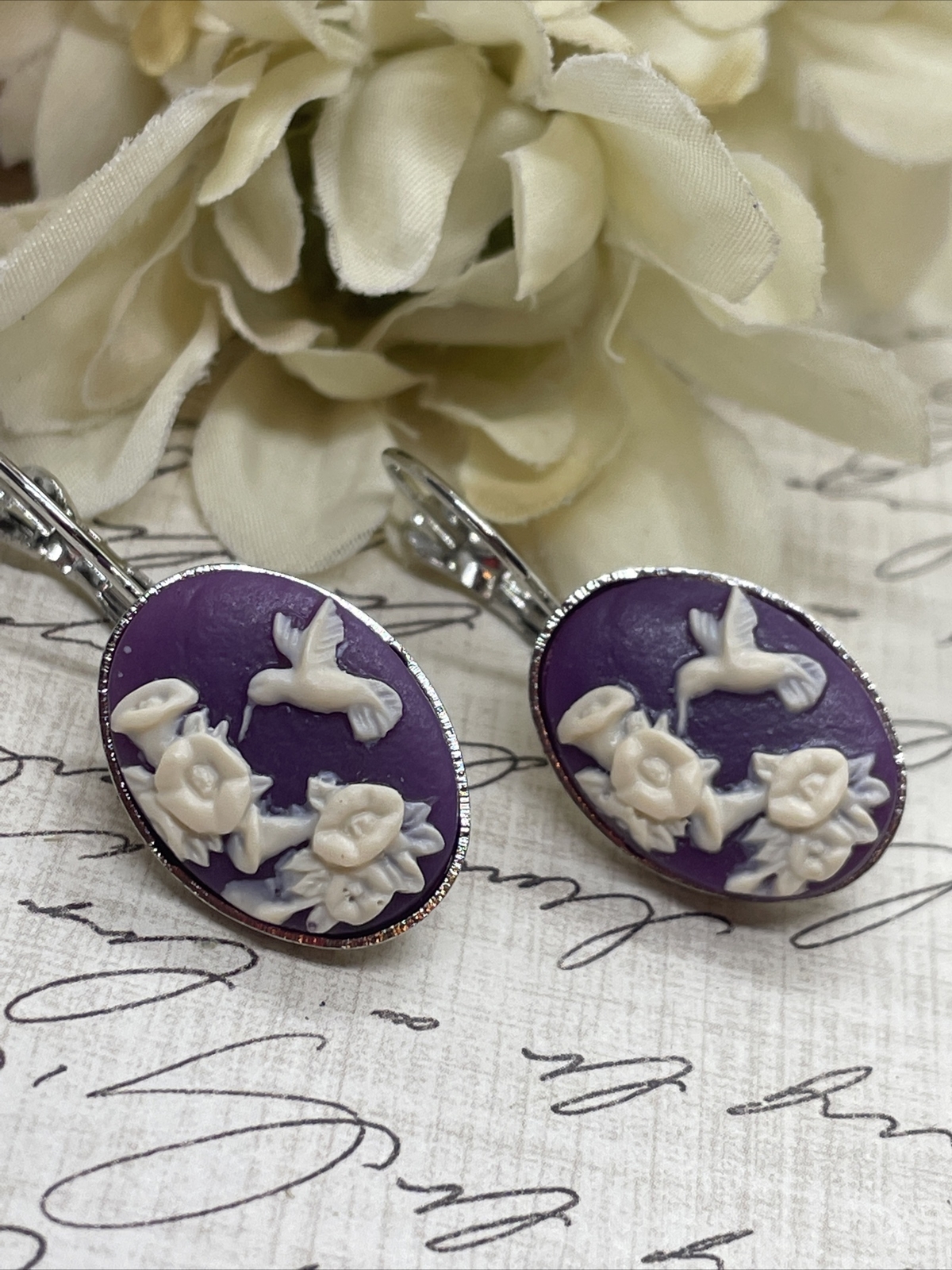 Morning Glory Hummingbird Silver Boutique French Wire Cameo Earrings Wedding Mom