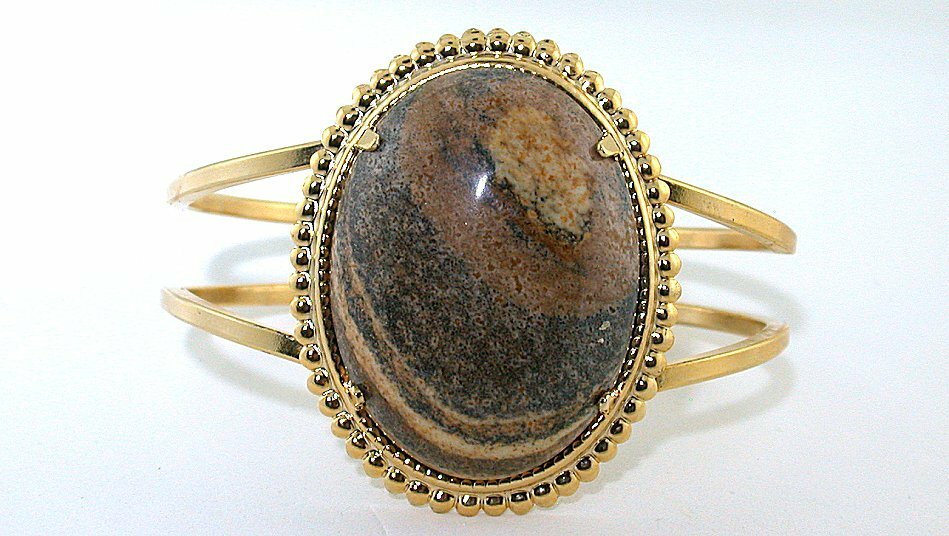 40×30 Picture Jasper Cabochon Spring Load 7 1/2 Inch Goldplated Cuff Bracelet