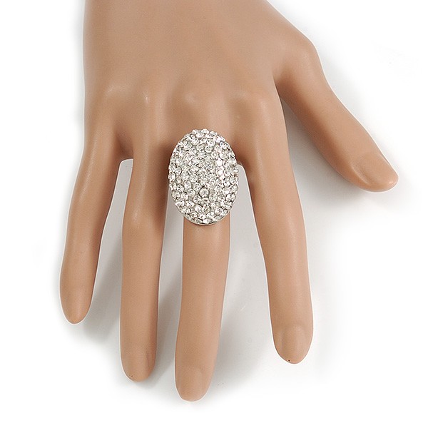 30mm Dome Shape Crystal Ring In Silver Tone Metal/ Clear/ Size 7/8 Adjustable