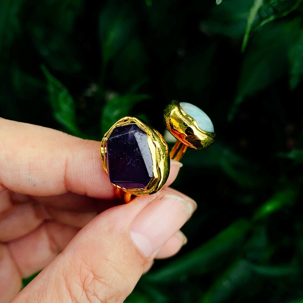Y·YING Natural Gemstone Ring Green Amazonite Purple Amethyst Ring Handmade