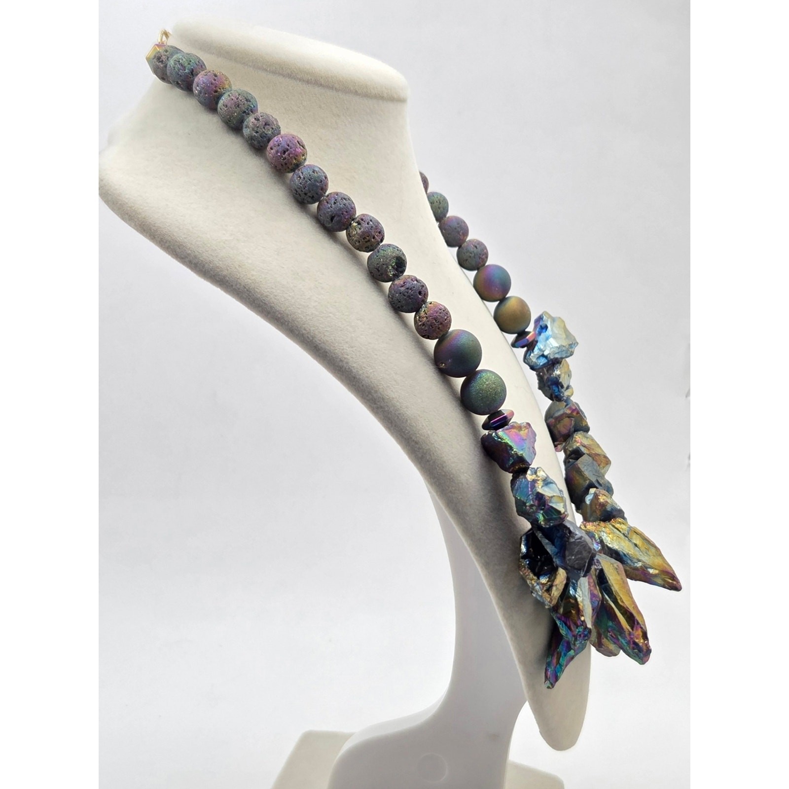 Raw Rainbow Aura Titanium Quartz & Lava Rock Statement Bib Necklace – 16″