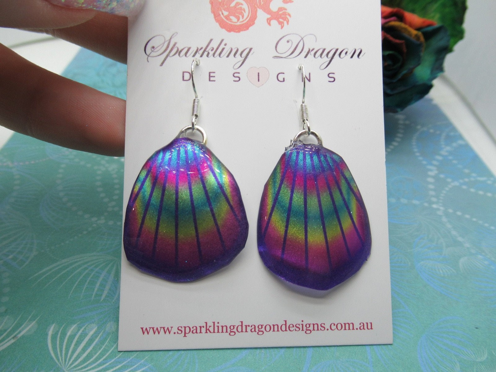 Butterfly Wing Earrings Blue & Rainbow Lines- Fairy Jewellery, Fun Gift for her