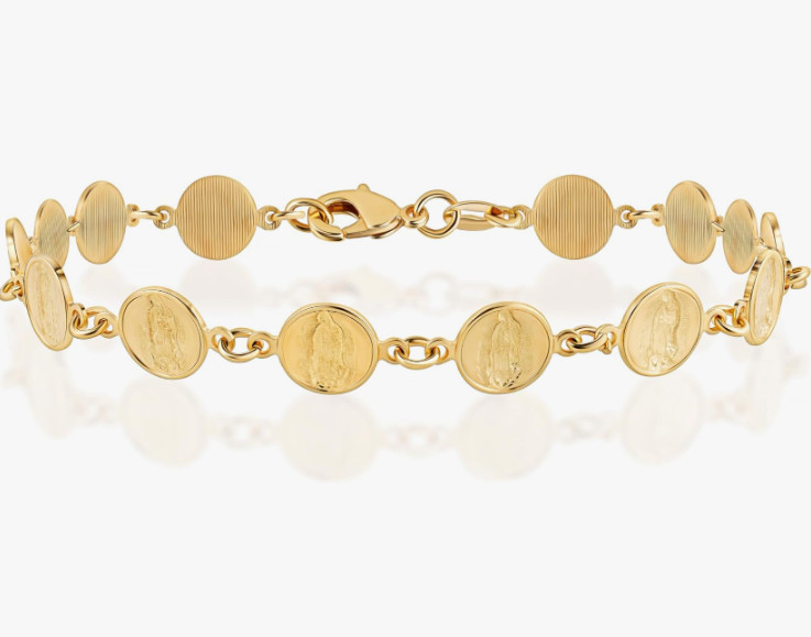 18K Gold Plated Virgin Mary Coin Bracelet, 7.5 Inches, Waterproof, High Polish
