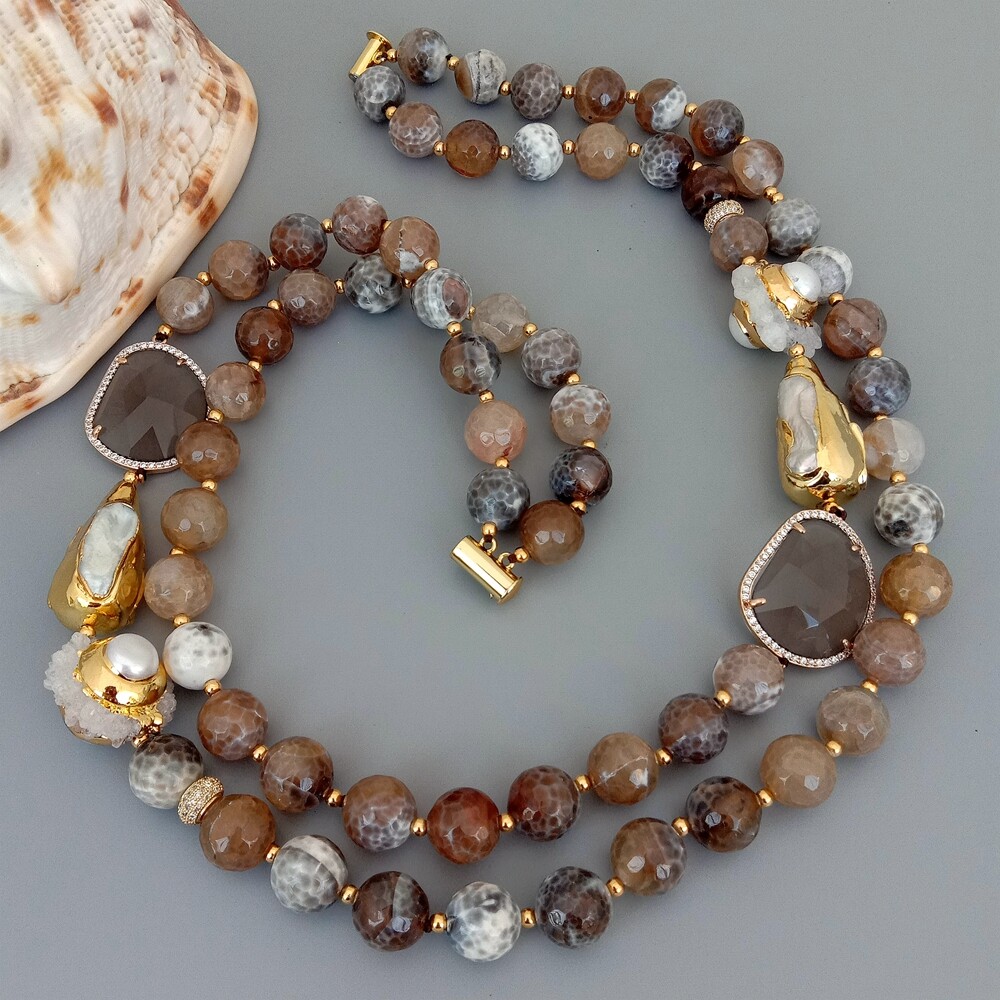 2 Strands Faceted Brown Agate Crystal Pearl Quartz Druzy Necklace 21″