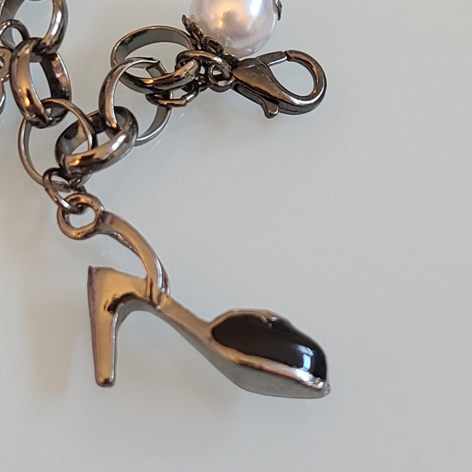 10″ Whimsical Fairytale Charm Bracelet Gunmetal Tone Teapot Frog Mirror Shoe Key