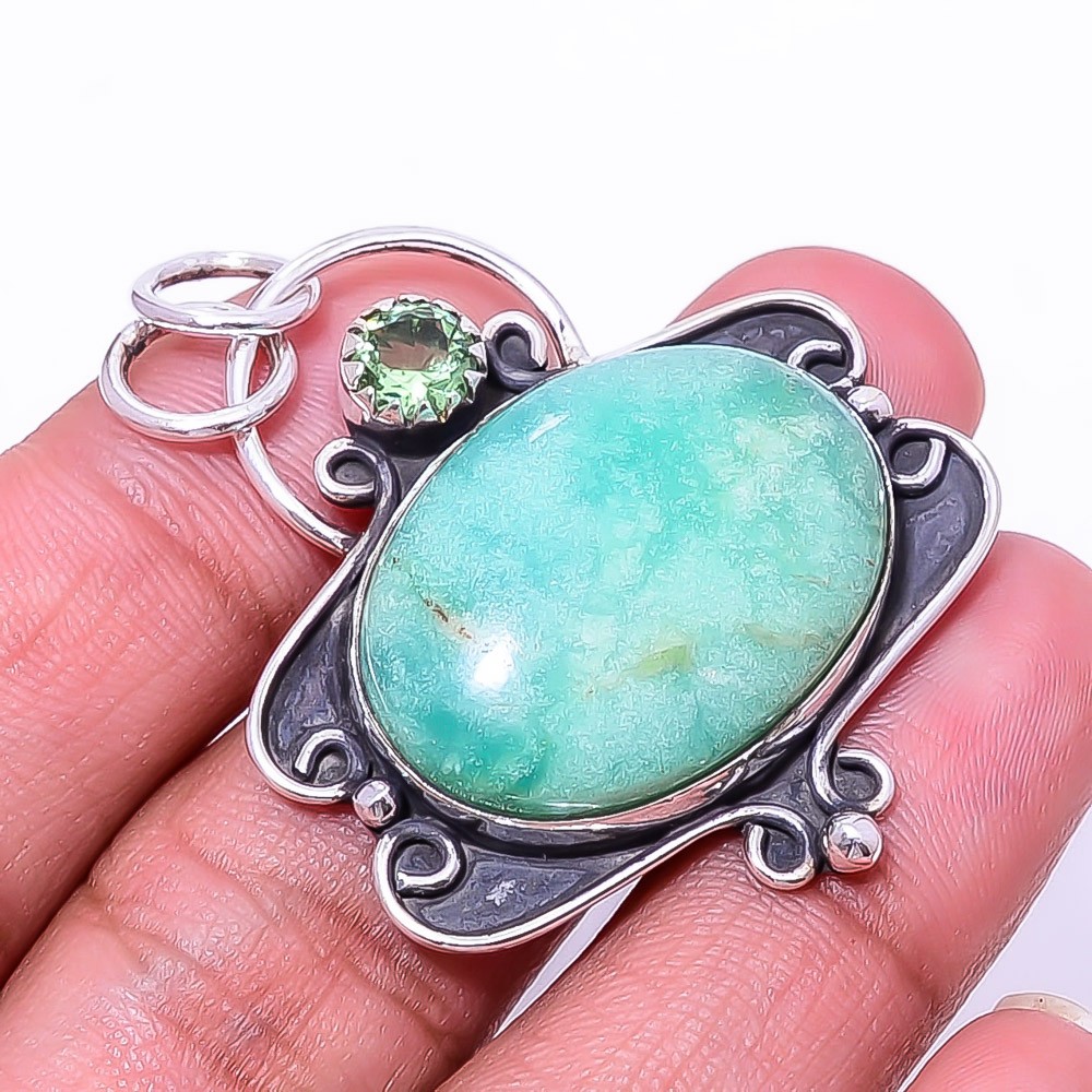 Variscite – Green Turquoise & Green Amethyst 925 Sterling Silver Pendant 1.76″ P