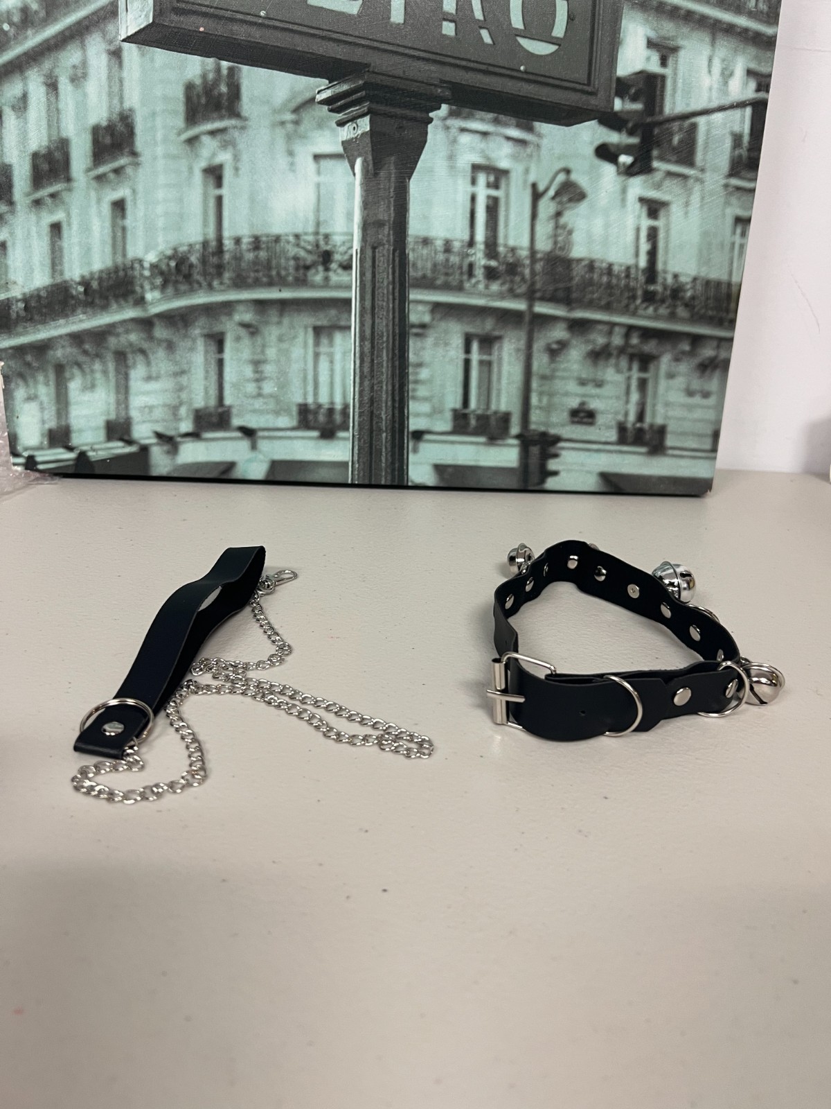 Gothic Faux Leather Choker Set Detachable Chain Leash Bell