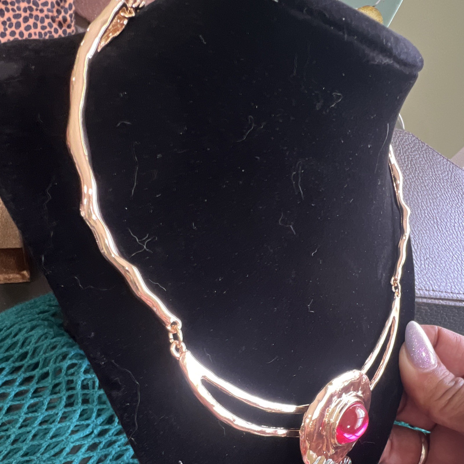Gold Tone Statement Pendant Necklace, 3 Pink Green Blue Crystal Stones, Adj