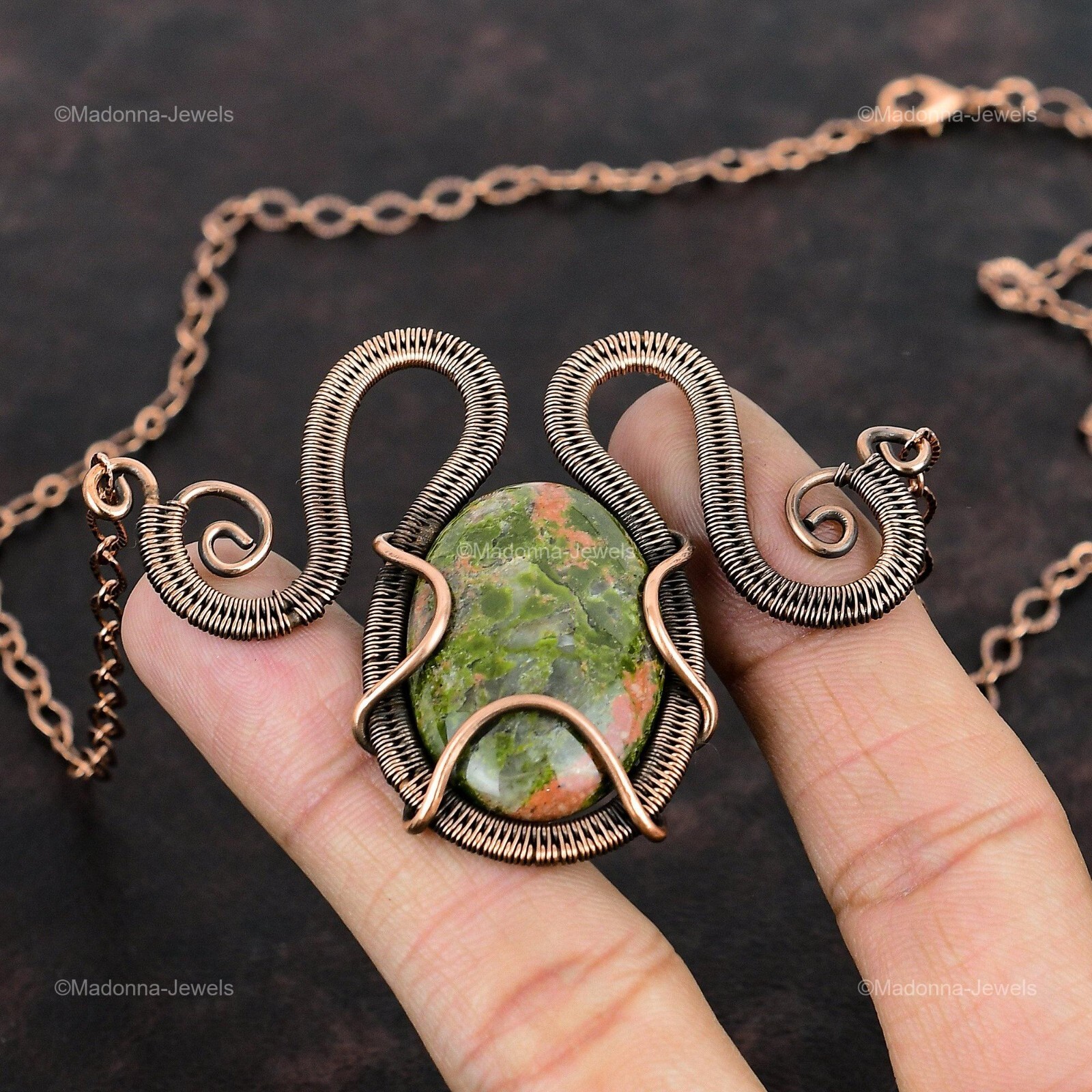 Copper Natural Unakite No Stone Chain Sister Wire Wrapped Engagement Necklace