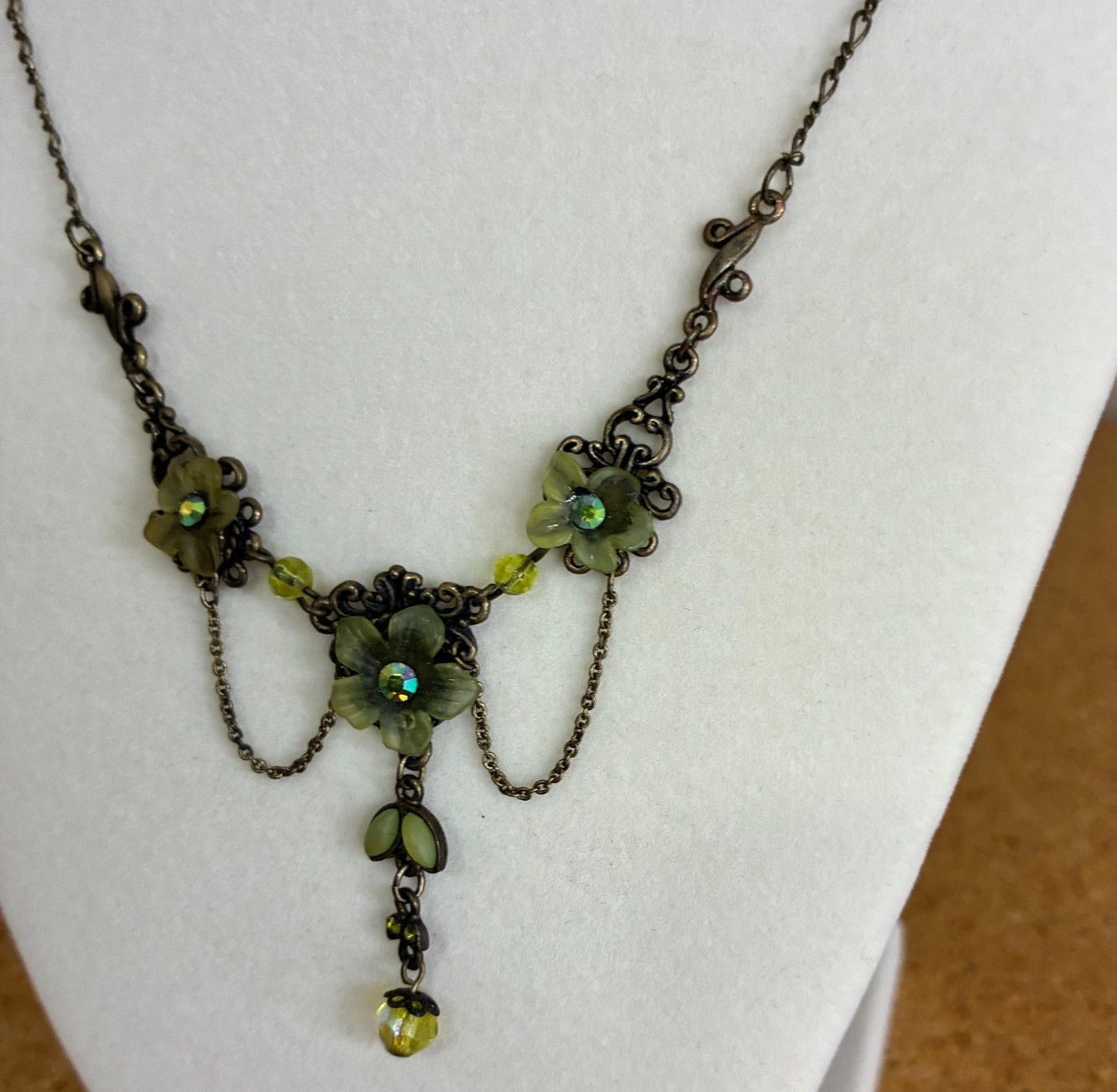 VTG Michal Negrin Green Enamel Floral Rhinestones Necklace Bib Shabby Chic Boho