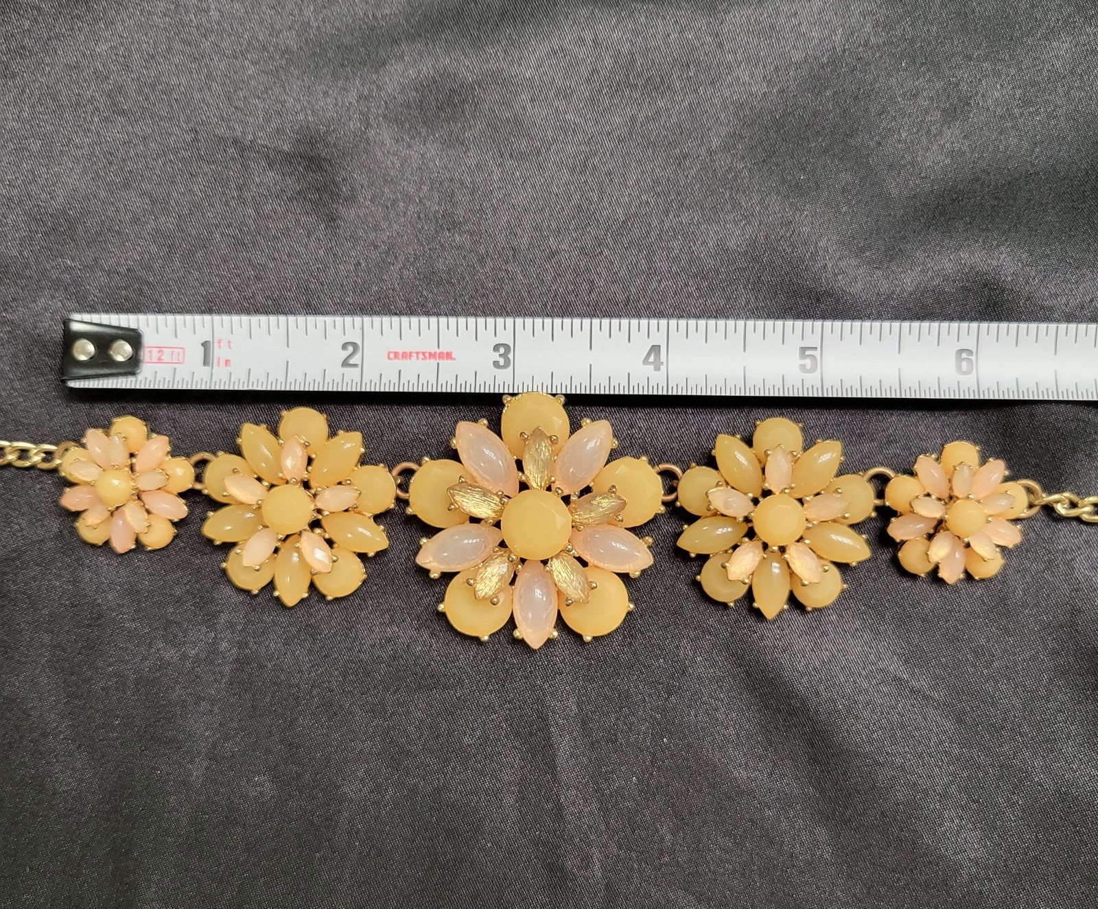 Vintage Style Peach & Pink Floral Cluster Statement Necklace Gold Tone Bib Resin