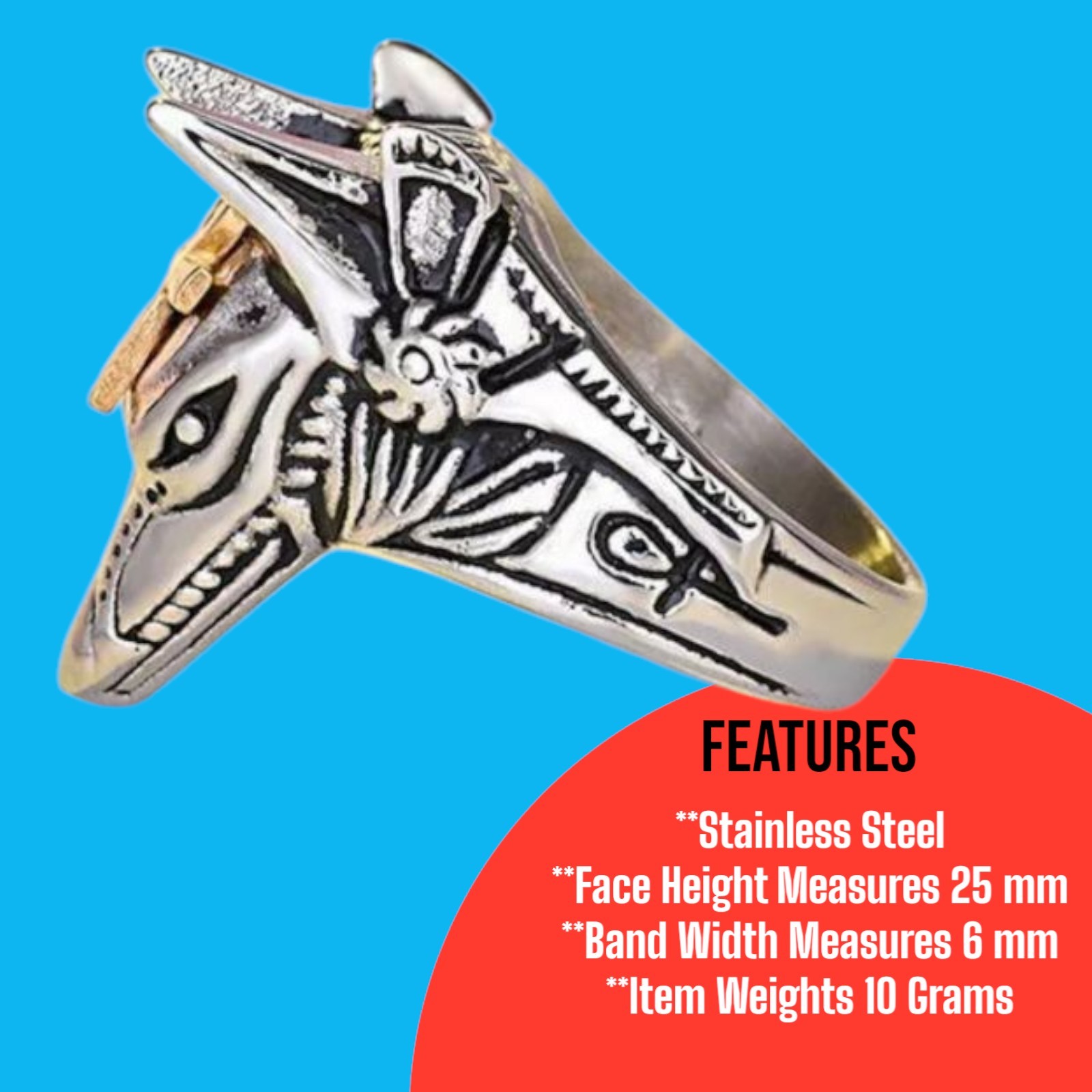 Mens Egyptian Ankh Pharaoh Anubis Pyramid Ring Stainless Steel Size 9 Gothic