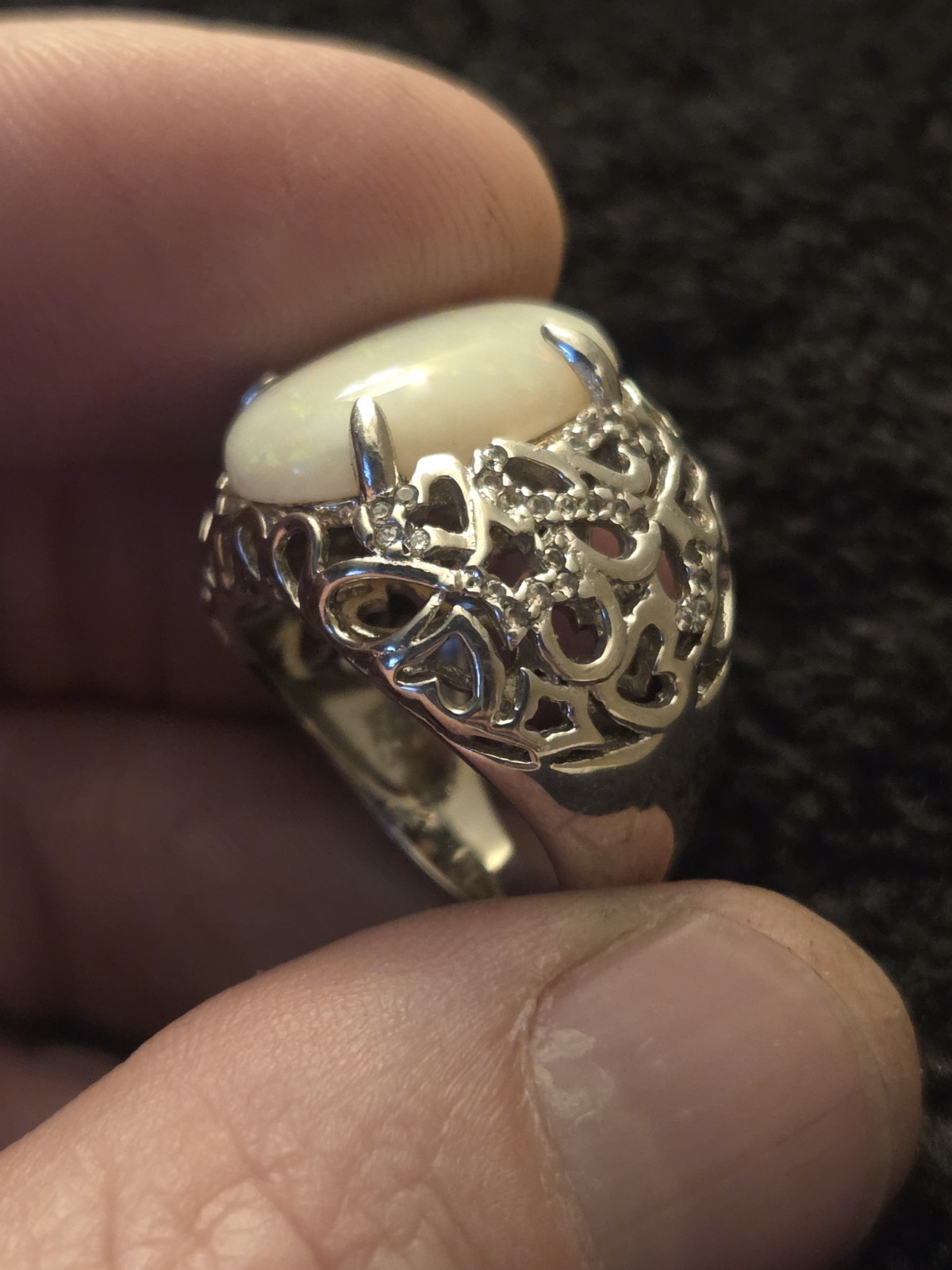 Silver Filigree Cocktail Ring w/ Oval 8ct Lightening Ridge Australian Opal