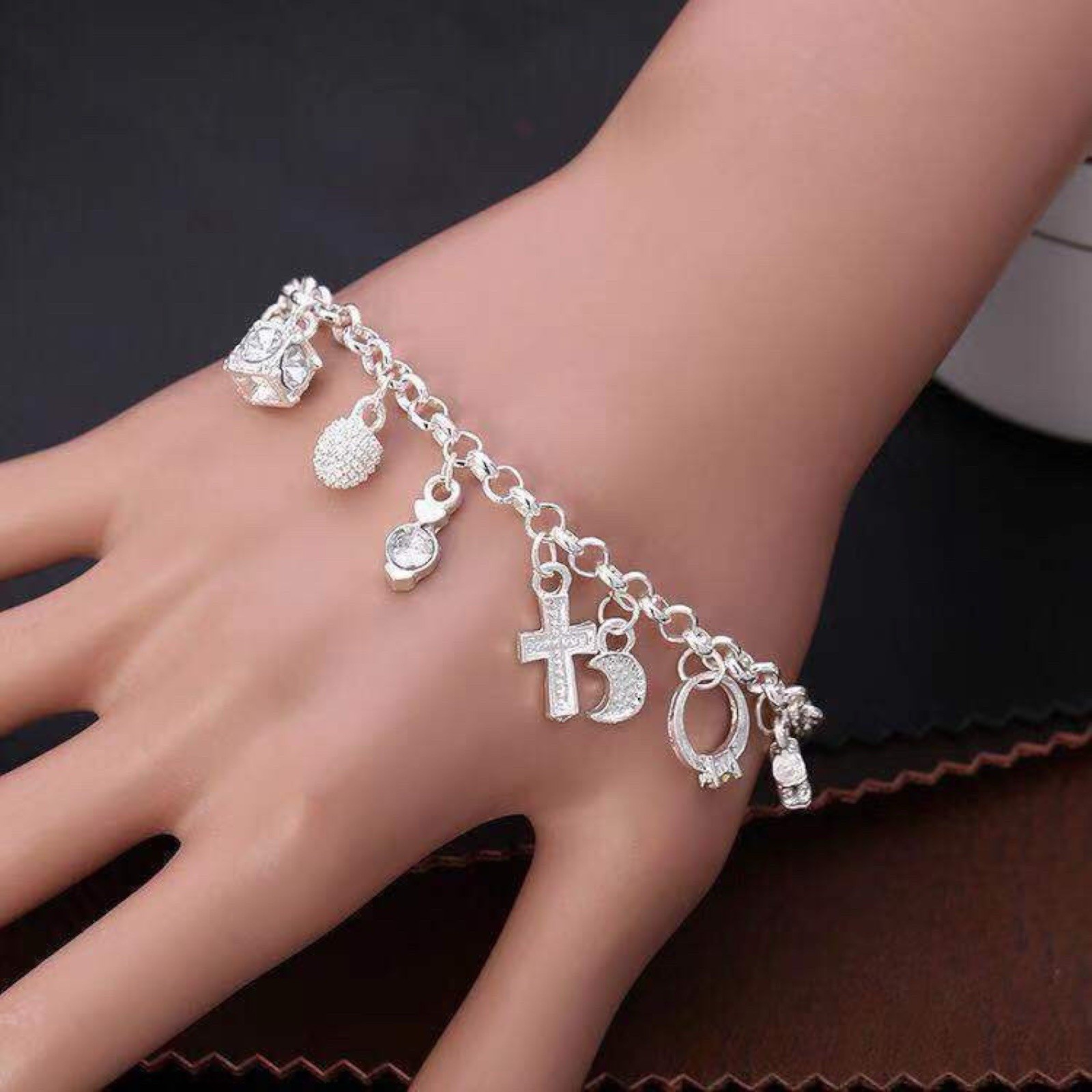 925 Silver Plated Fashion Women Charm pendant Beautiful Bracelet chain A80