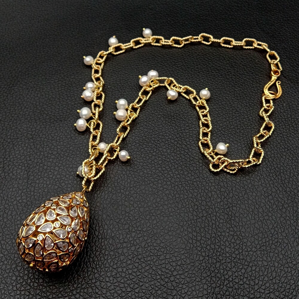 19″ White Pearl Gold Plated Chain Necklace Cubic Zirconia Pave Teardrop Pendant