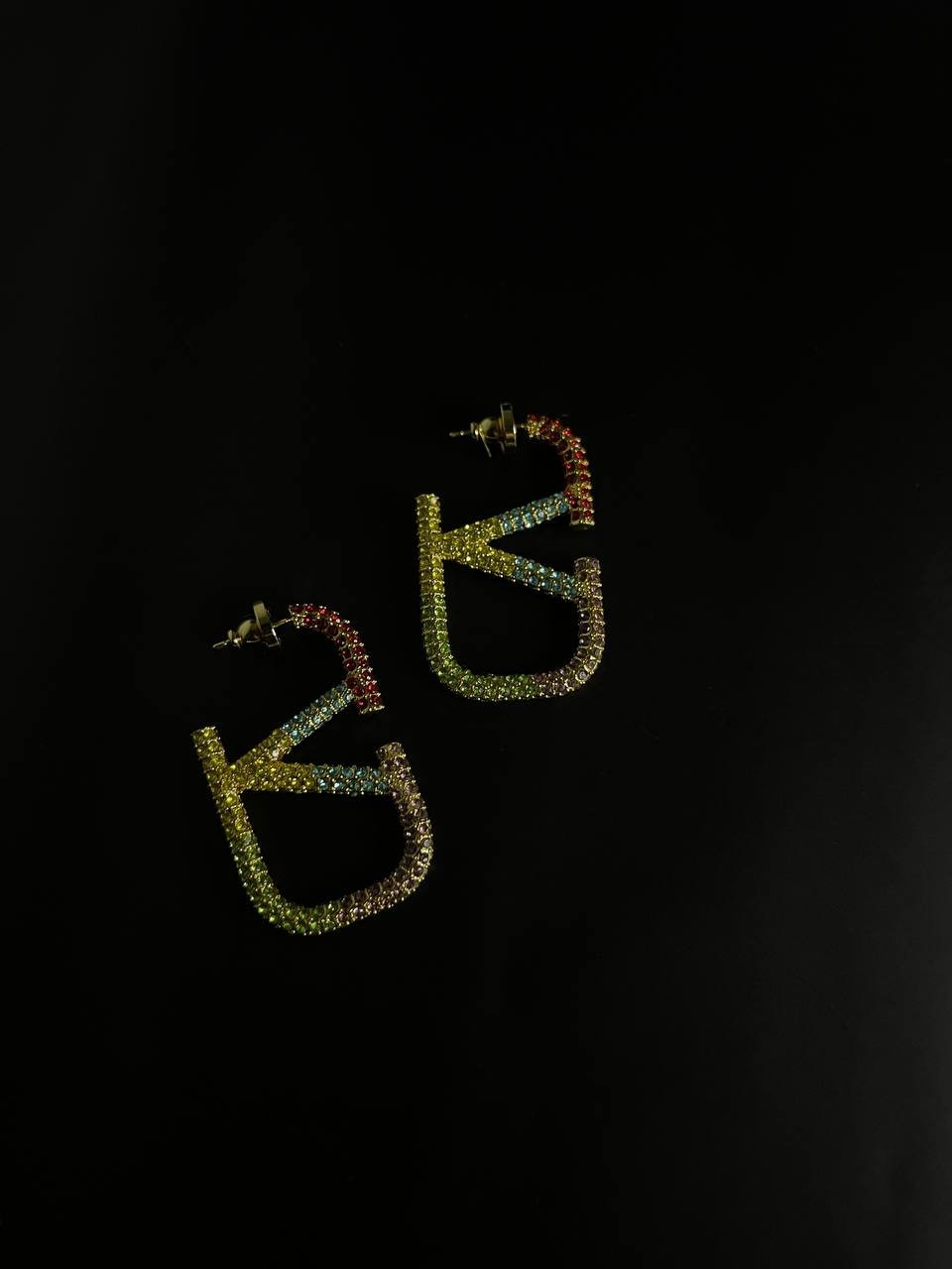 Vintage Valentino Rainbow Crystal V Logo Hoop Earrings