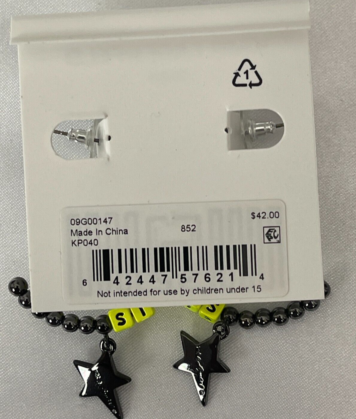 Karl Lagerfeld Logo Black Beaded Star Chartreuse Paris Letters C-Hoop Earrings