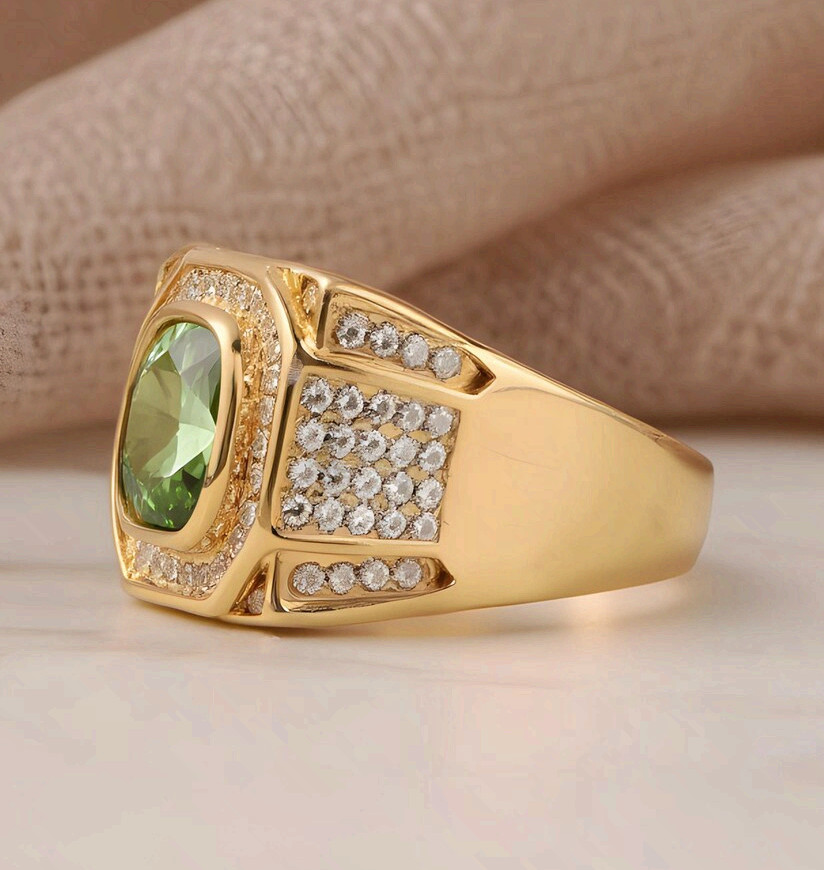 Gold Steel Men Signet Ring Cushion Cut Green Gemstone