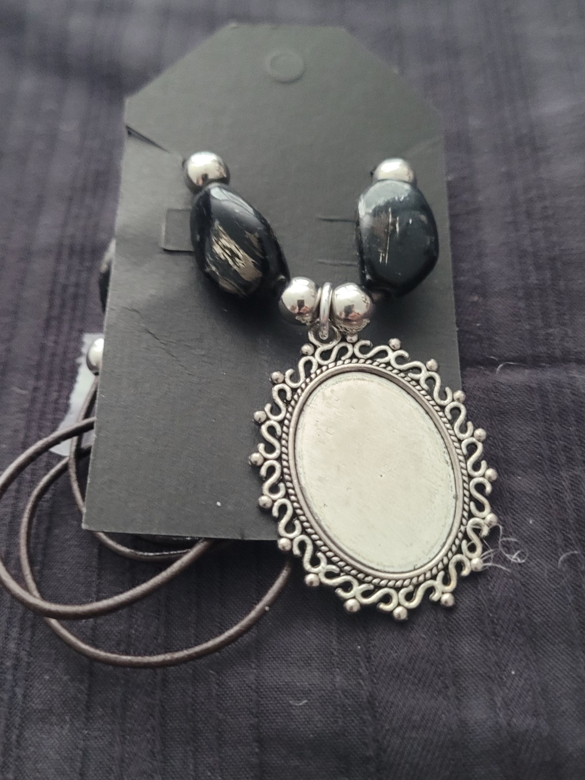Silver Tone Blank Oval Pendant On A Cord Necklace, Black And Silver Beads