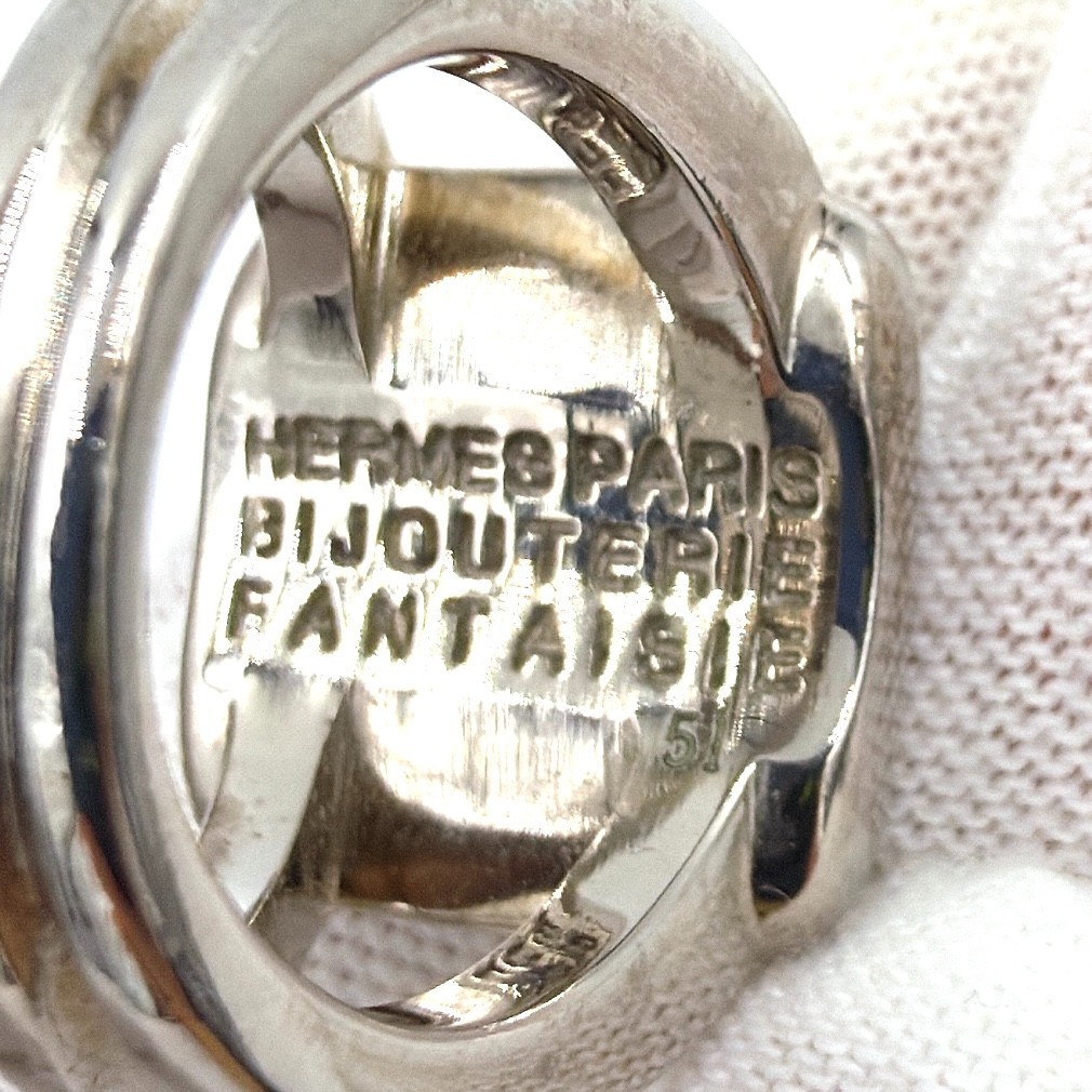 Hermes Serie Sellier Mother of Pearl Shell Square Ring Silver Size 51 10.8g Auth