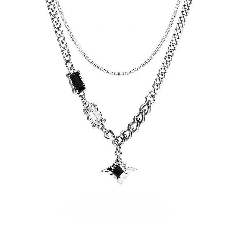 Silver Dual Geometric Zircon Necklace Snake Chain Cuban Pendant man Choker