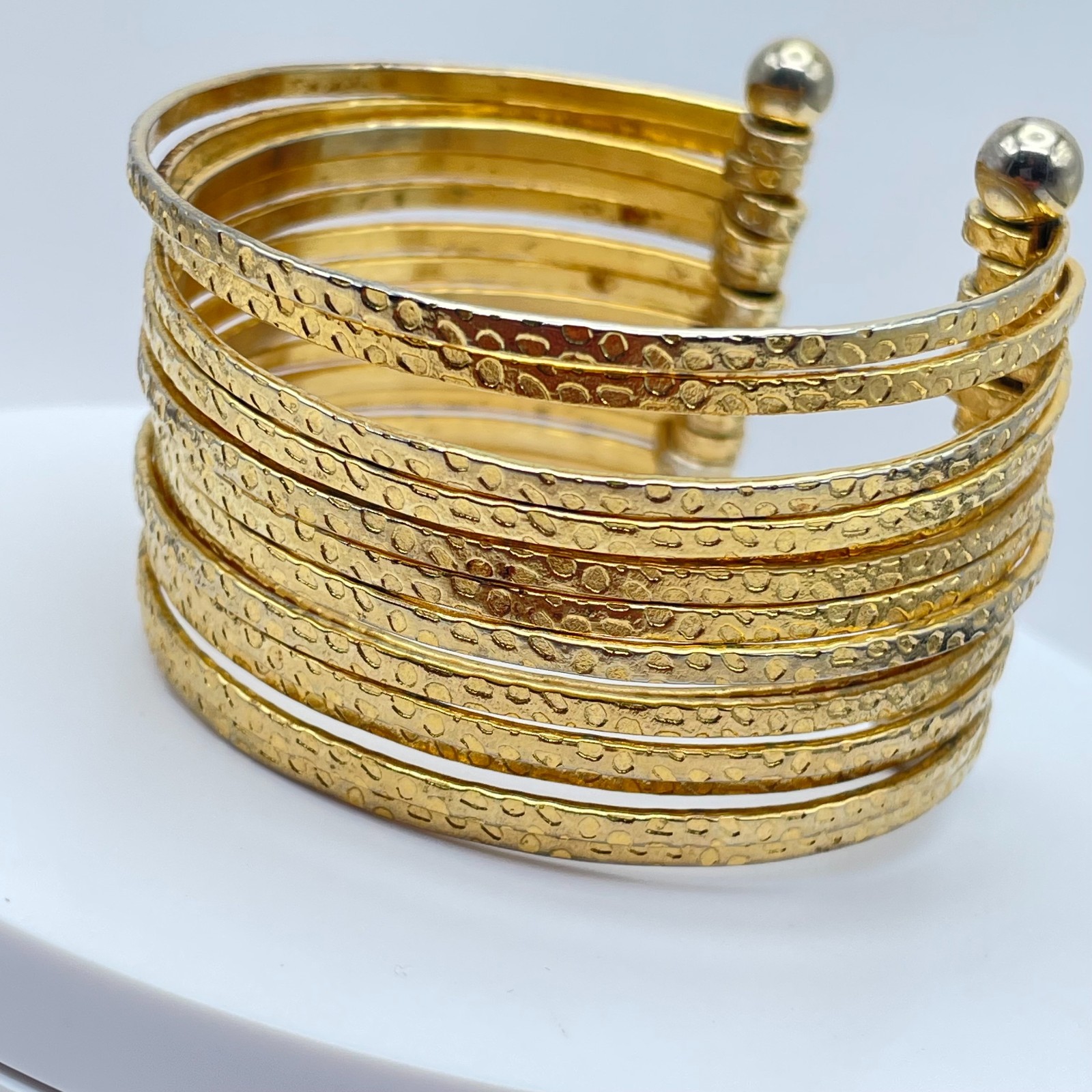 Gladiator-Style Gold Tone Wide Multi-Band Stacked Hammered Open Cuff Bracelet