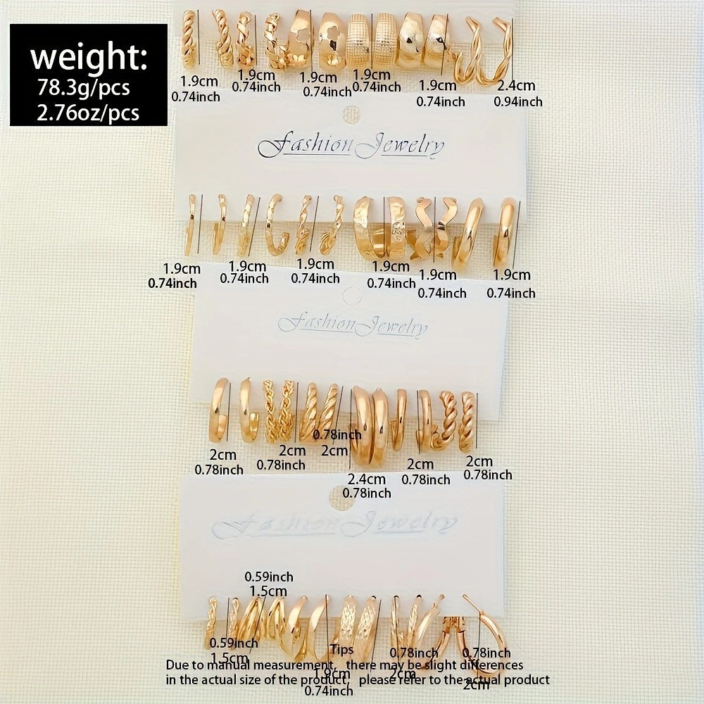 24 Pairs Golden Earrings Set Fashion C-shaped Alloy Earrings for Women’s Jewelry