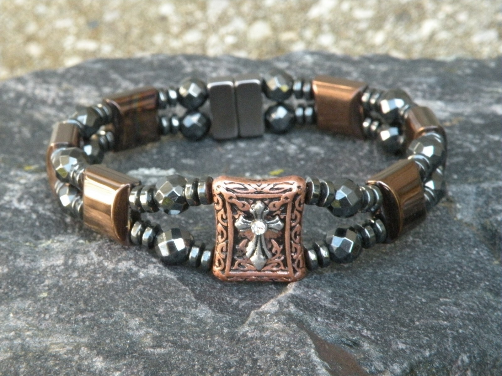 Copper n Black Magnetic Hematite Bracelet Anklet 2 Row Cross Slider
