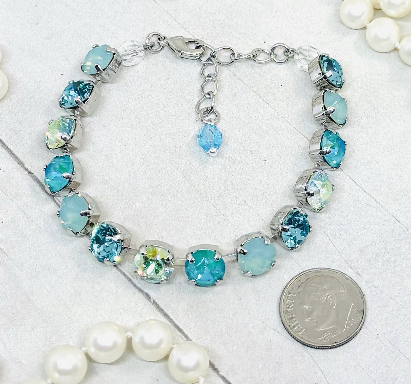 8mm Shiny Silver Plated Mint Green PACIFIC OPAL Teal Cup Chain Tennis Bracelet