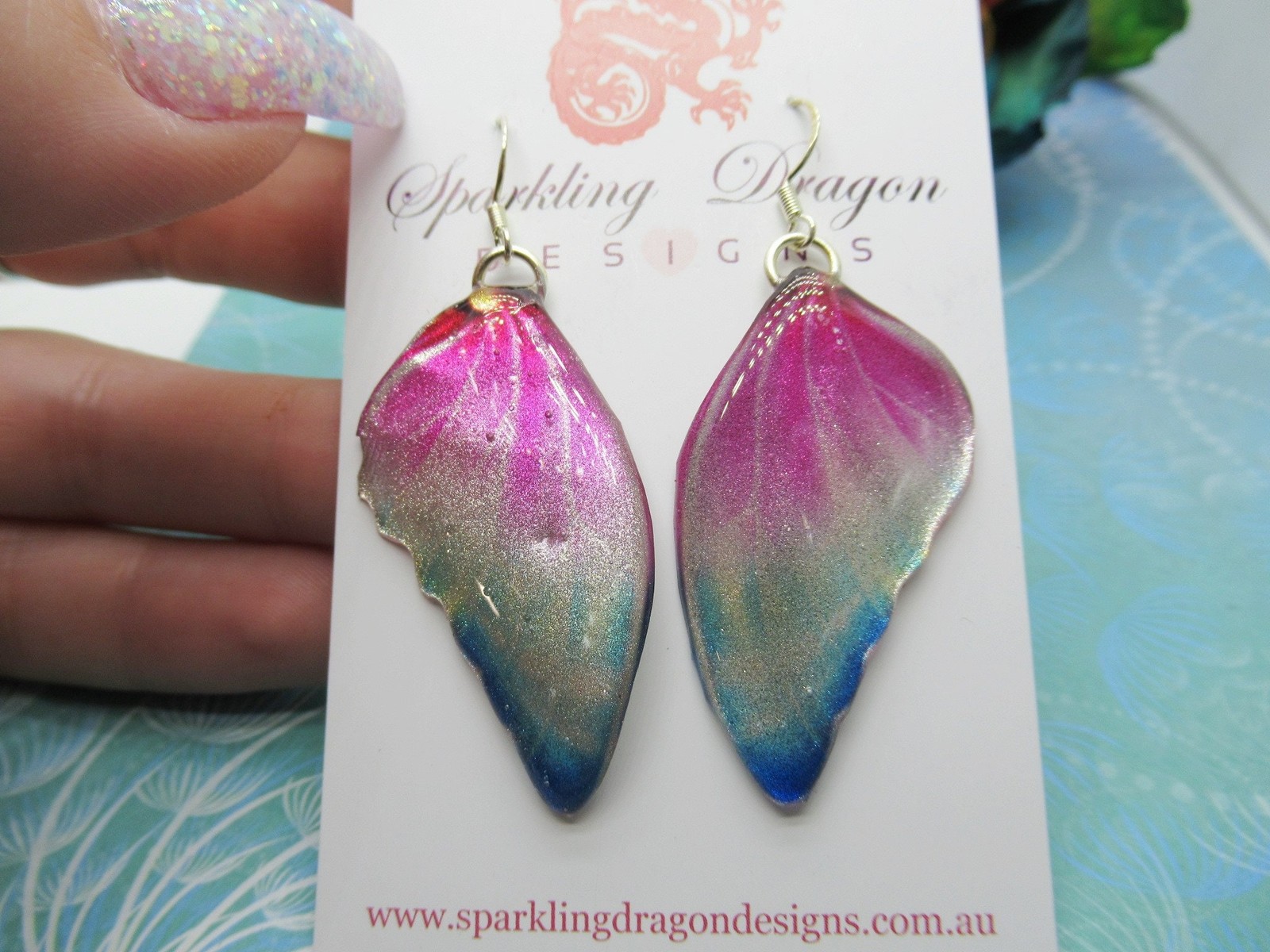 Butterfly Wing Earrings Misting Pink and Blue – Fairy Jewellery, Fun Gift for