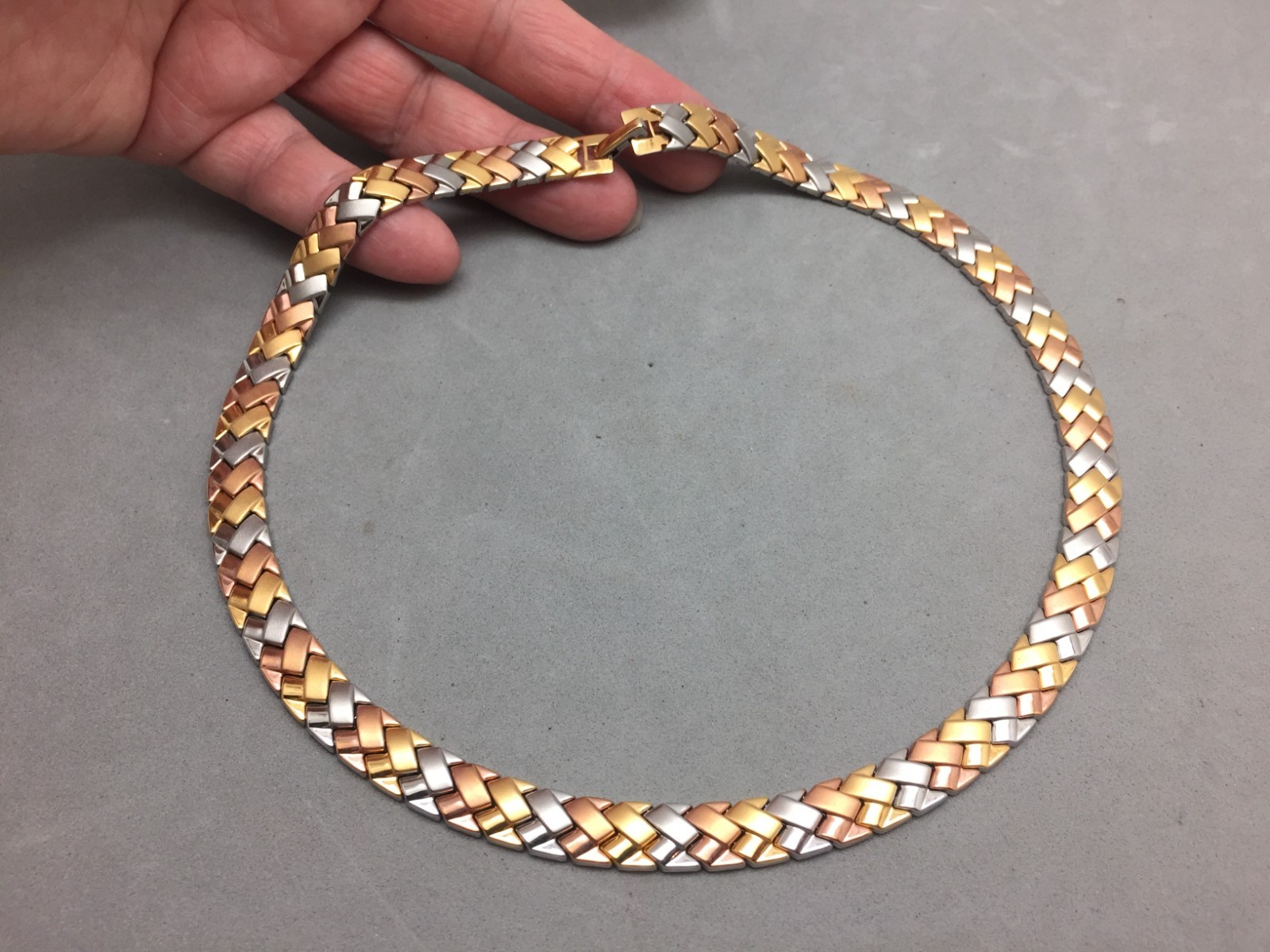 JCM Tri-color Gold Silver Rose Gold Collar Necklace Woven 18″ Stainless Steel .5