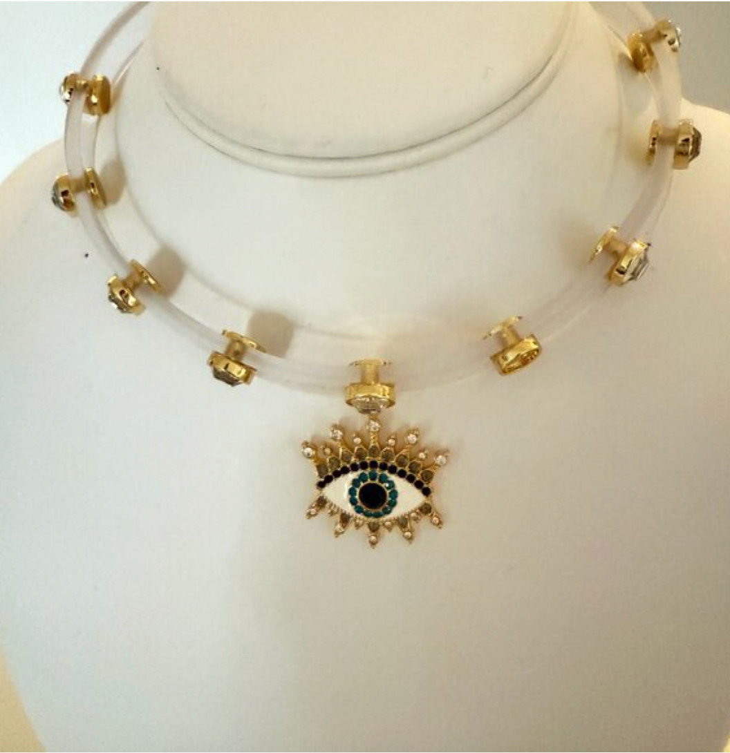 NWT Kurt Geiger London Clear Jelly Crystal Pavé Evil Eye Choker Necklace 15”