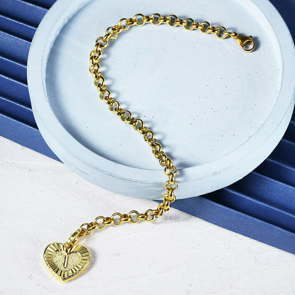 Women Gold Plated Stainless Steel Bracelet Heart Charm 8 inch 5mm Cable Chain