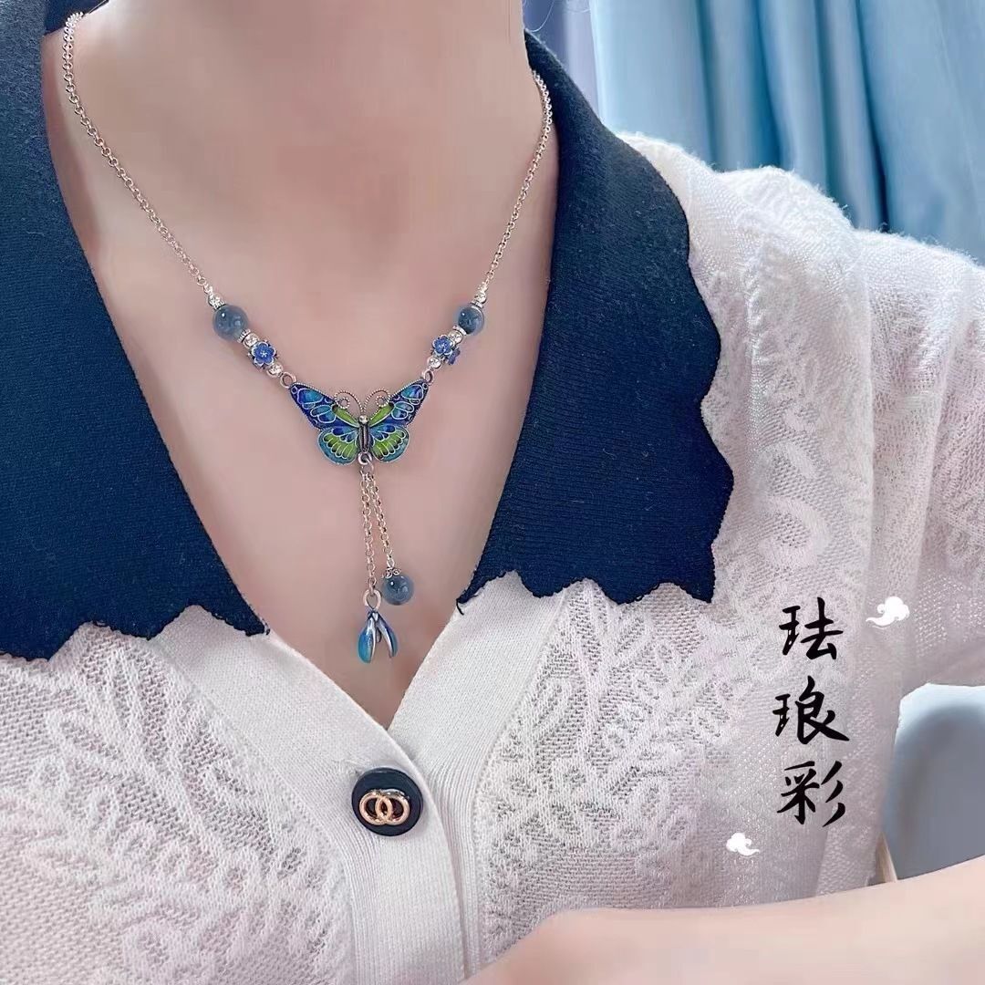 ‌Cloisonne Enamel Butterfly Flower Pendant Necklace Chinese Style Jewelry‌