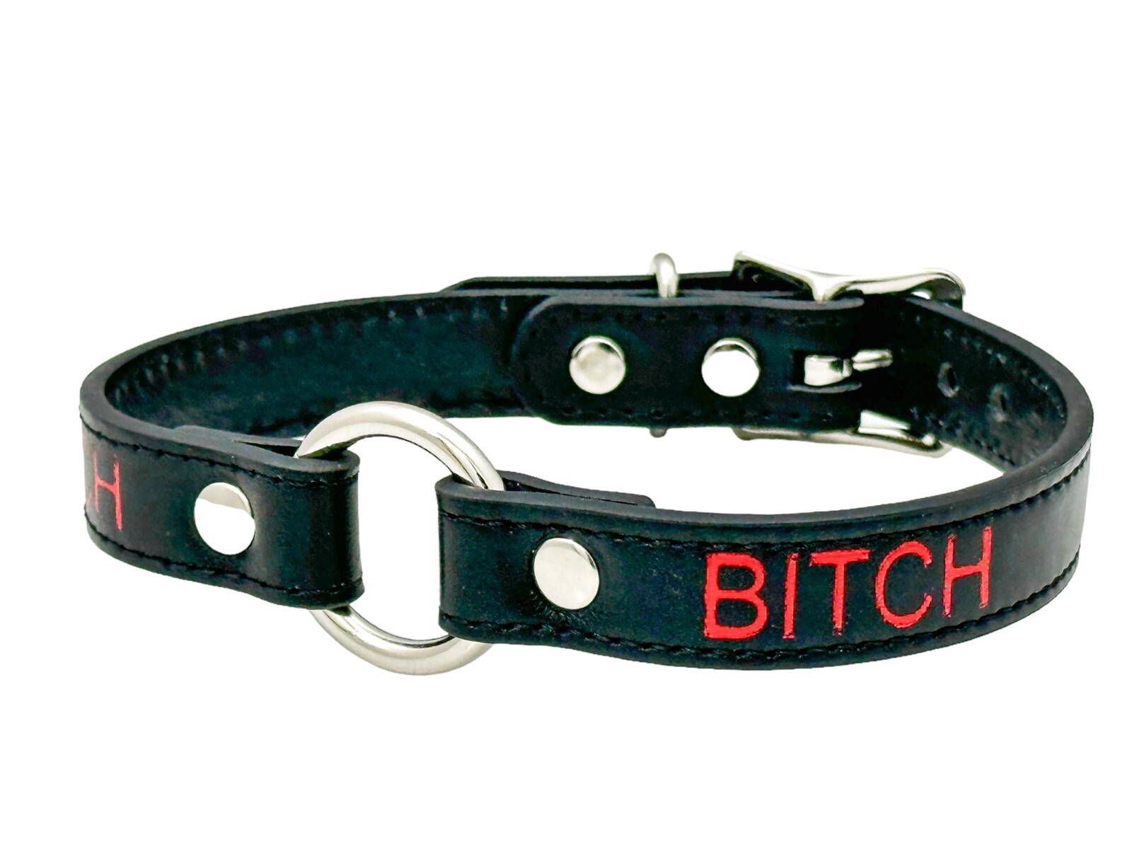 Name SILVER Ring RED Choker BDSM Collar Vegan Leather Necklace O Ring Fetish