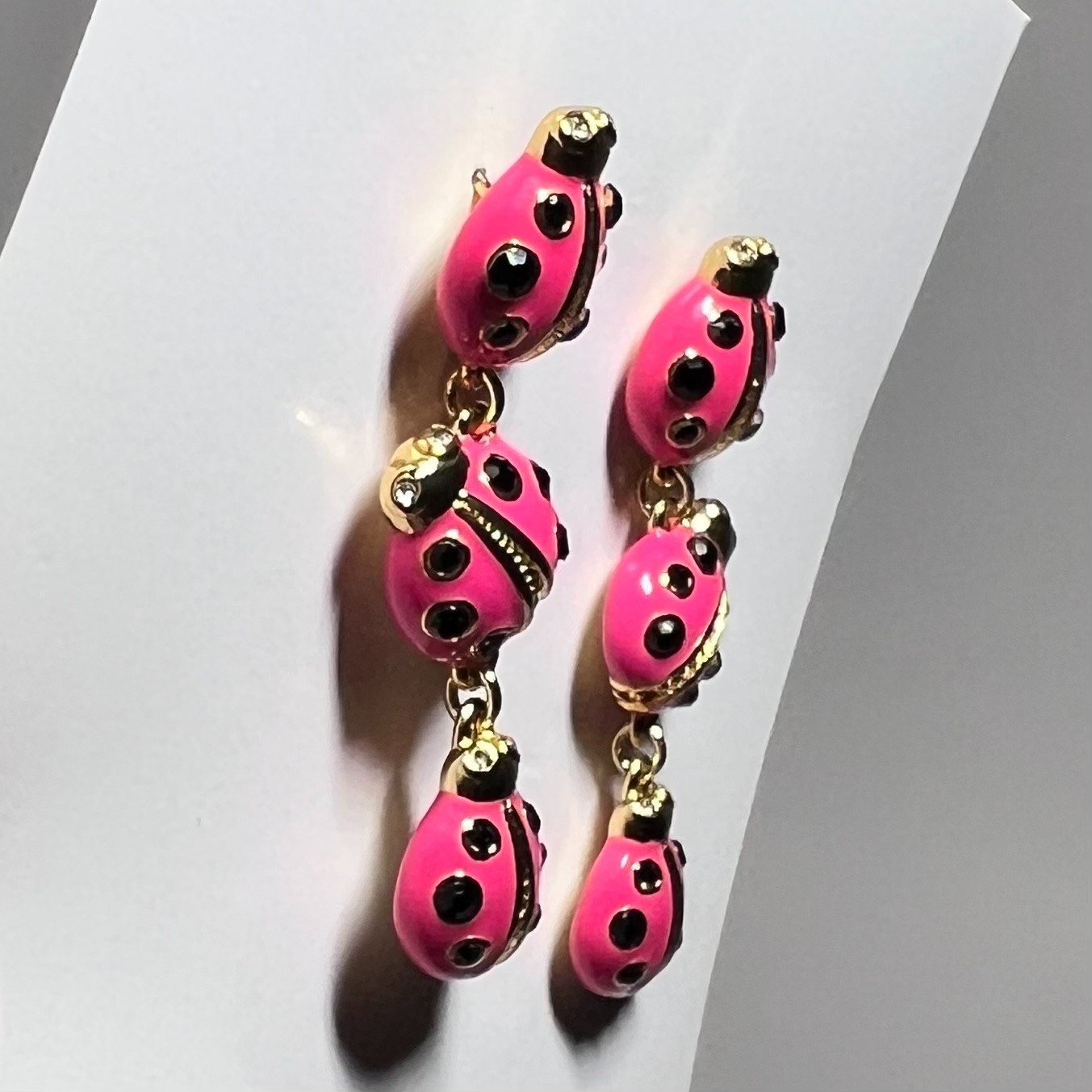 Kate Spade Gold Triple Pink Ladybug Enamel Tiered Drop Dangle Charm Earrings NEW