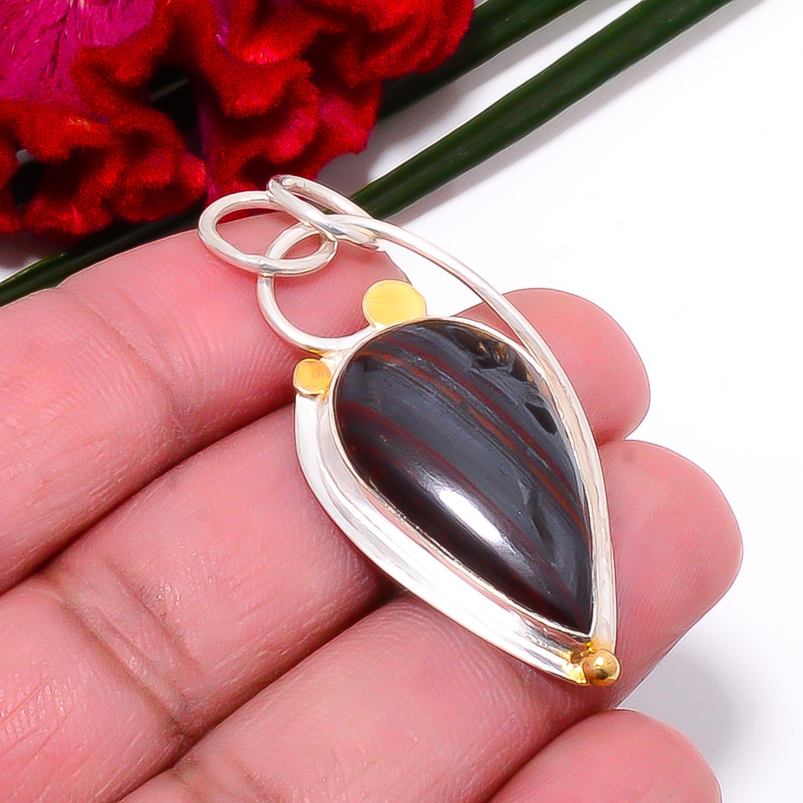 Iron Tiger Eye 925 Sterling Silver Two Tone Pendant 1.95″ Sk5, Christmas Gift