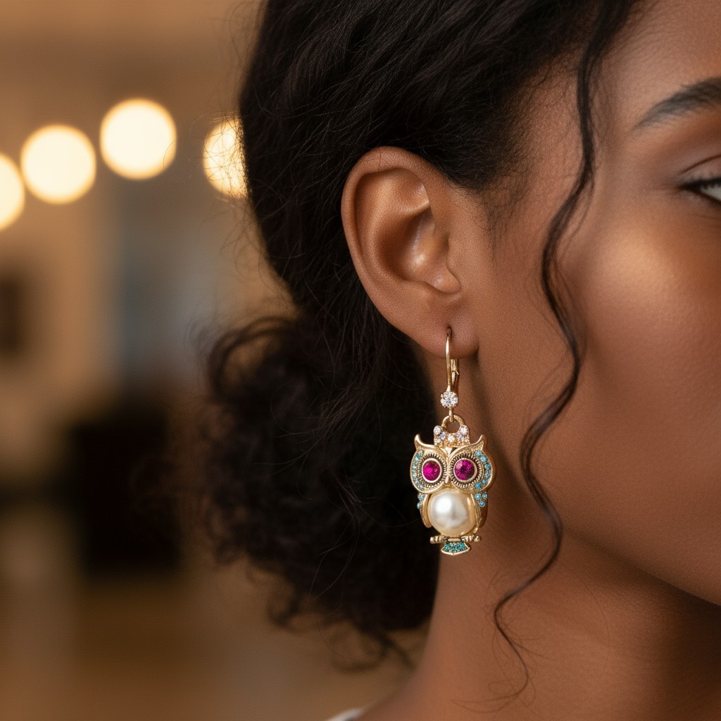 Betsey Johnson Pearl Owl Drop Earrings – Gold-Tone Critter Mixed Stone Accents