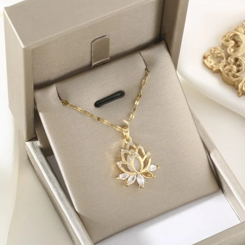 Women’s Fashion Jewelry Cubic Zircon Gold Lotus Flower Pendant Necklace Gift USA