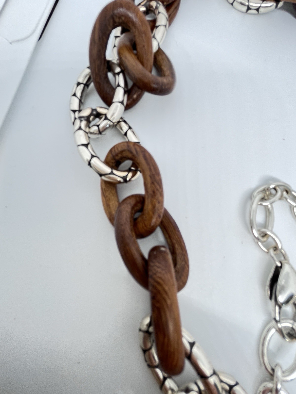 Retired Brighton Brown Wood & Silver Tone pebble Link Chain Necklace Clasp Adj